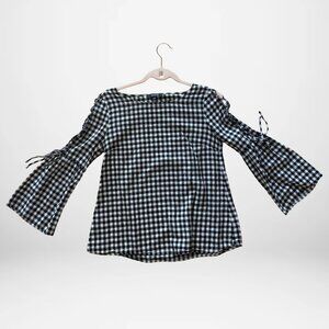 Madewell Gingham Cotton Top XXS • Lace-Up Bell Sleeve Top - Preppy Darling